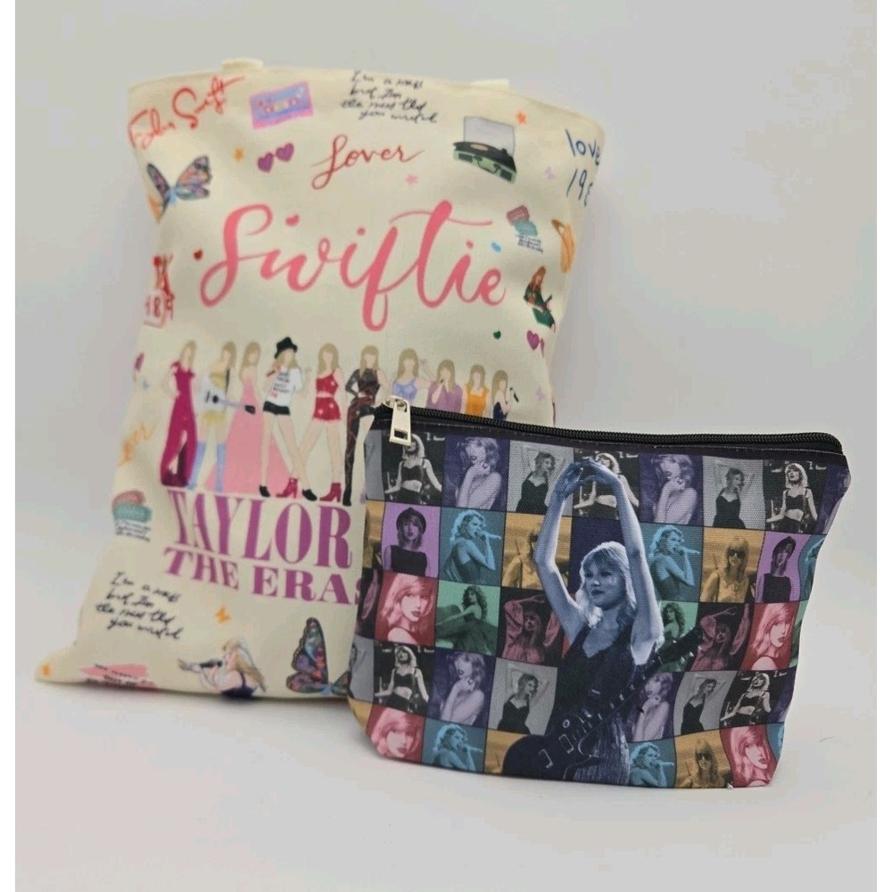 Taylor Swift Eras Tour Canvas Tote Bag Makeup Bag 2 Keychains 48 Stickers NEW - Picture 2 of 16